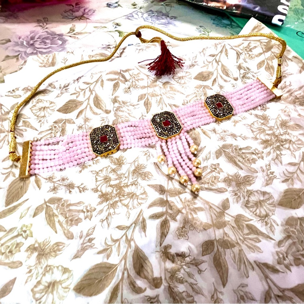 Brand New!Stunning Rose Quartz Necklace embedded w Rubies &Dark grey stones - Picture 5 of 16